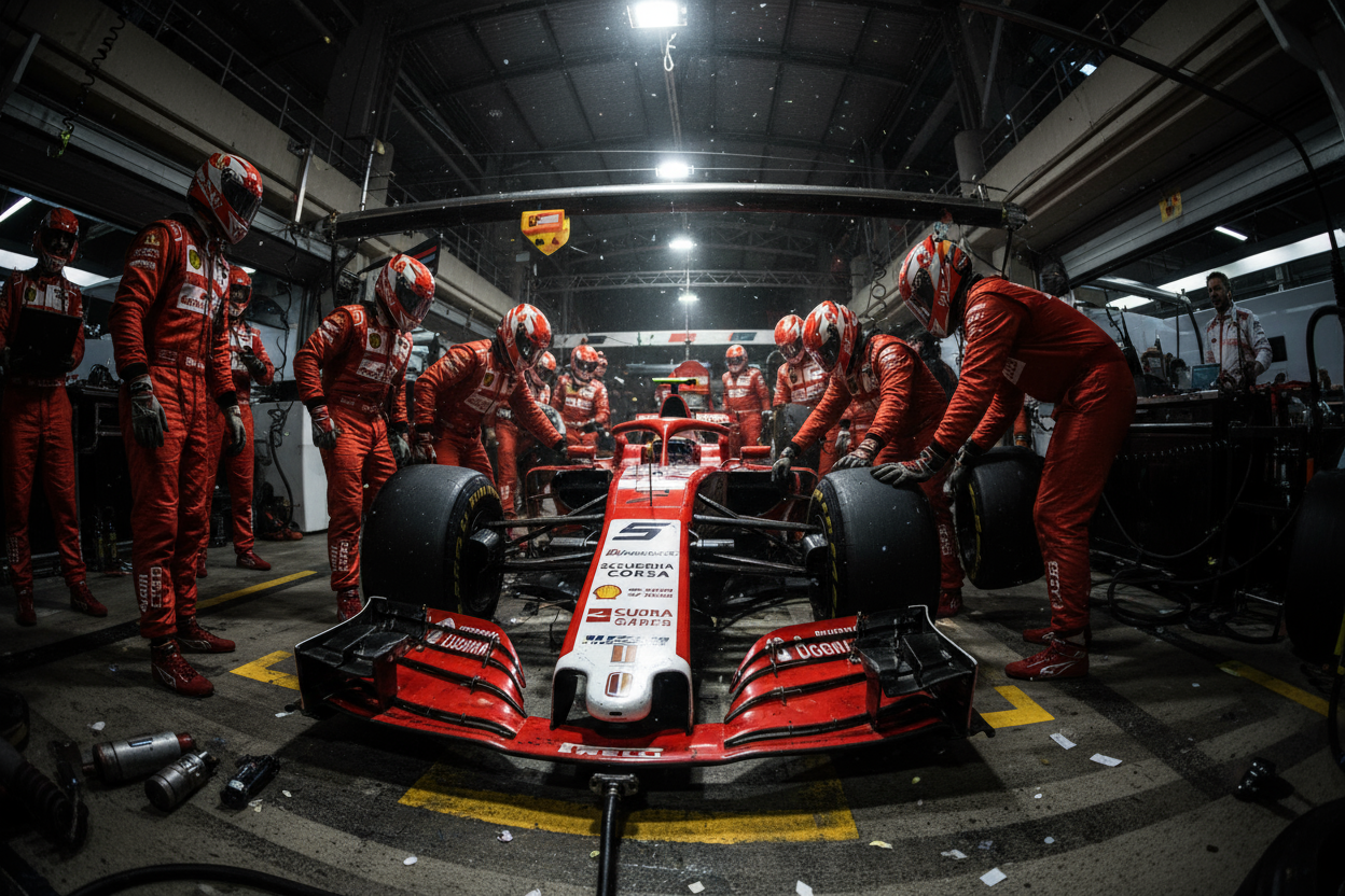 An immersive, candid wide-angle shot from within a bustling Formula 1 pit lane. The scene captures the raw energy and precision: mechanics in intense, focused action around a race car, possibly with tires being changed or final checks occurring. The background shows elements of the pit garage and other team personnel, slightly blurred to emphasize the foreground action. Emphasize grit, high detail on equipment and race car, and the authentic, high-stakes atmosphere of the behind-the-scenes F1 reality. The l